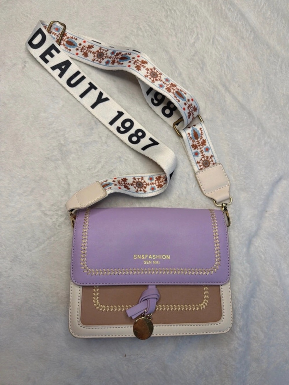 Lavender and Beige Colorblock Crossbody with Decorative Strap